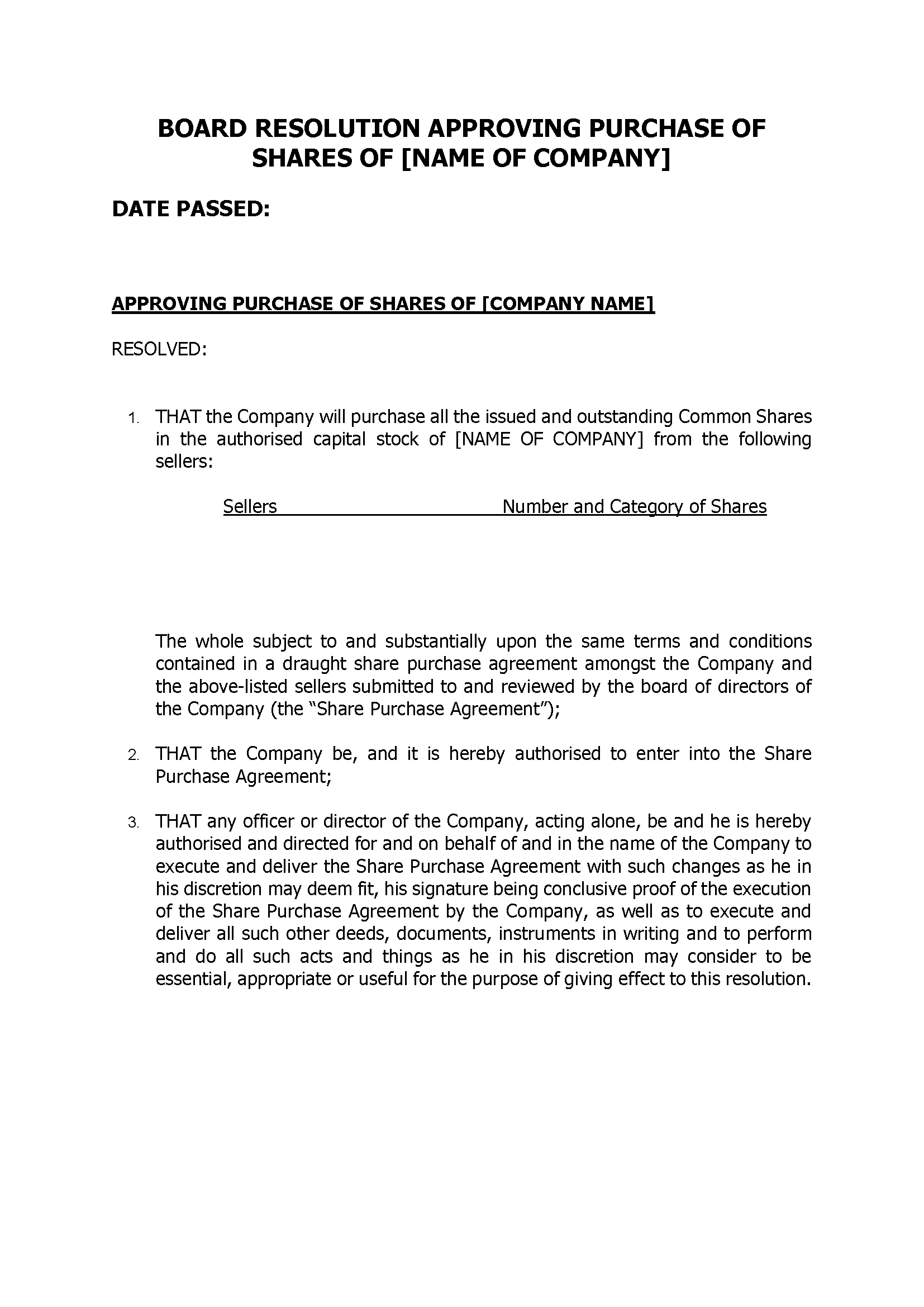 Board Resolution Approving Purchase Of Shares Of [Name Of Company]